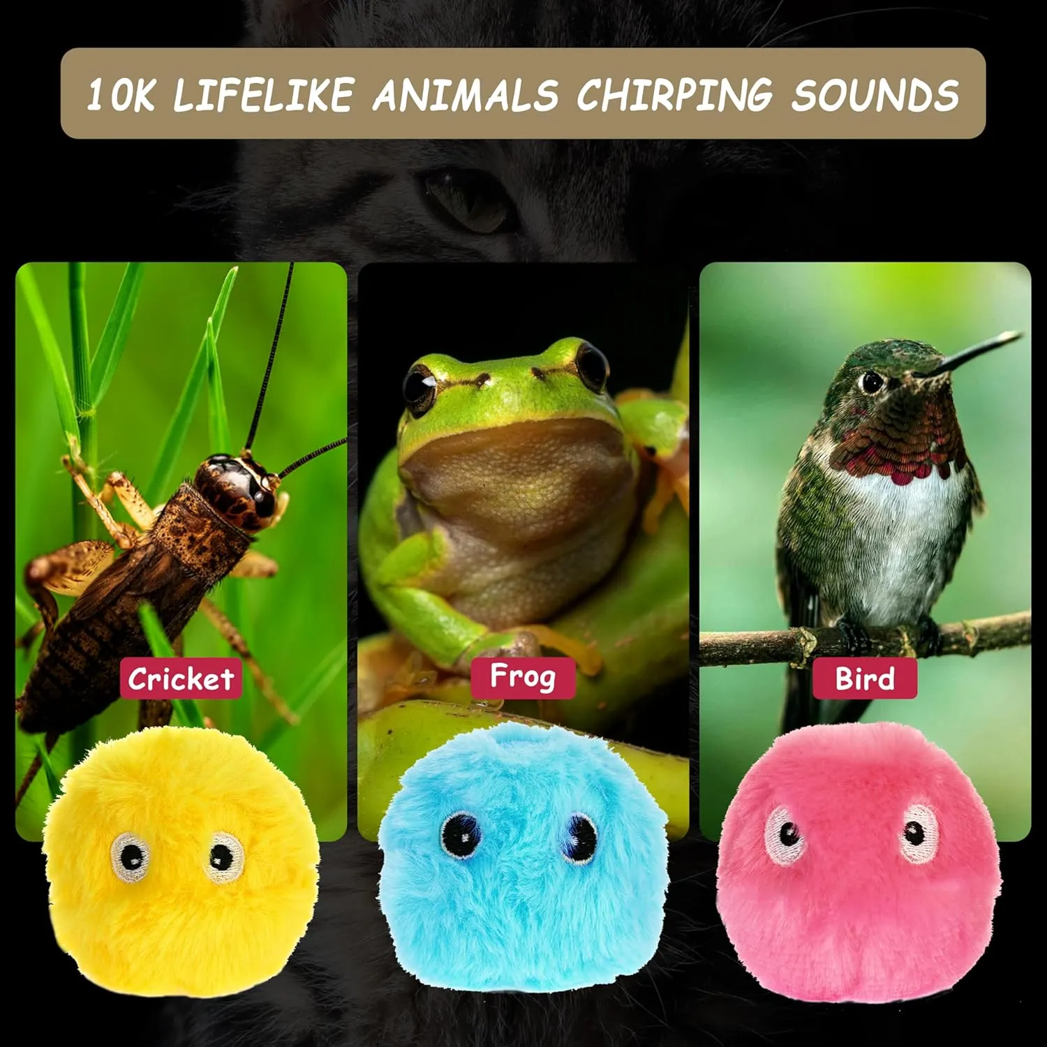 Cat Toy Balls with Sound, Chirping Cat Toys with Catnip, 3 Pcs Fluffy Plush Toy Balls, Interactive Kitten Toys for Indoor Cats (Bird Frog Crickets, Plush)