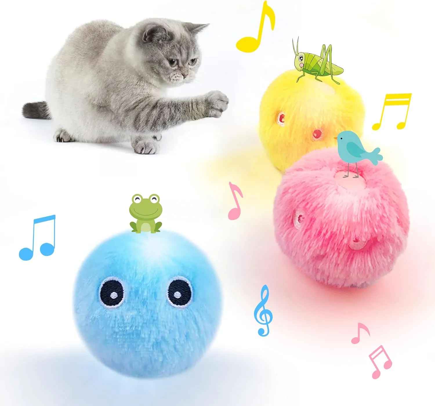 Cat Toy Balls with Sound, Chirping Cat Toys with Catnip, 3 Pcs Fluffy Plush Toy Balls, Interactive Kitten Toys for Indoor Cats (Bird Frog Crickets, Plush)