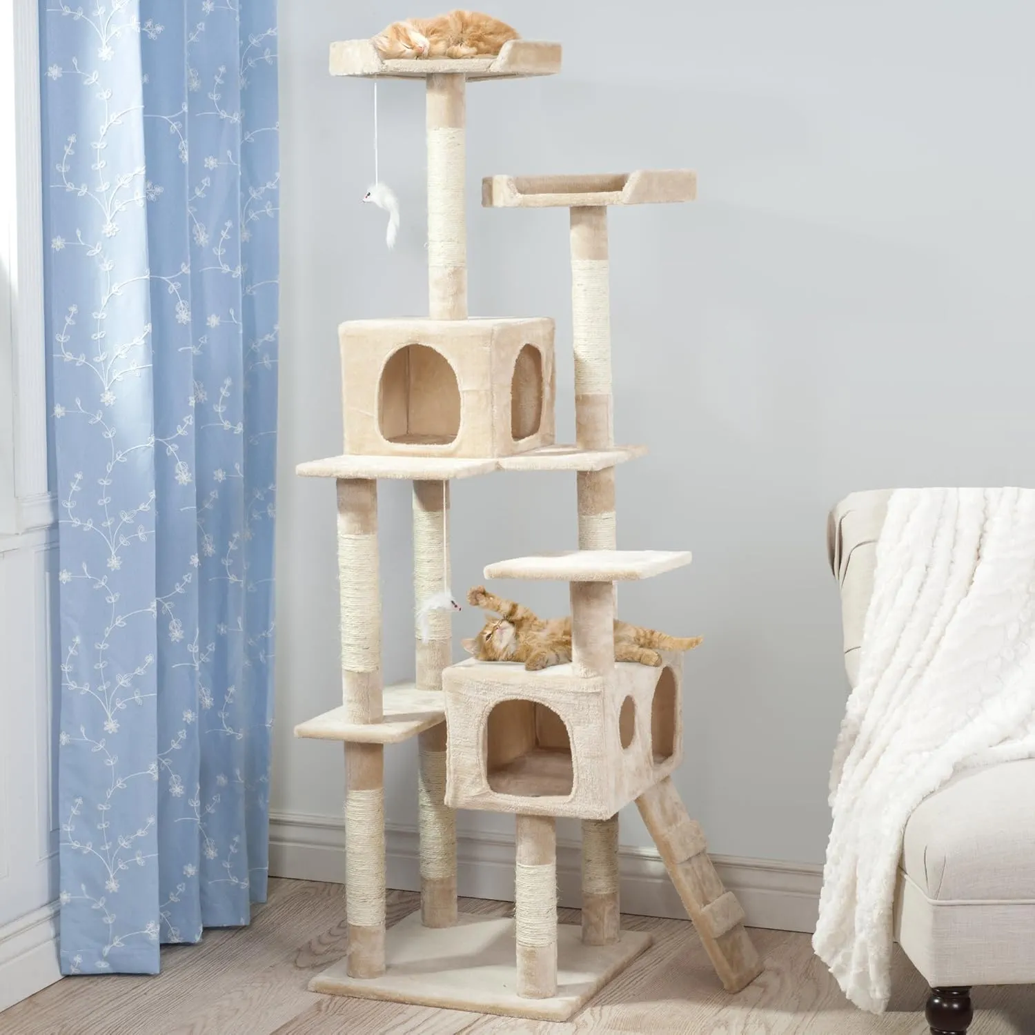 Cat Tree - 5.5-Foot Cat Tower for Indoor Cats with Perches, 2 Condos, 9 Cat Scratching Posts, 2 Hanging Toys, and 2-Step Ladder by PETMAKER (Beige)