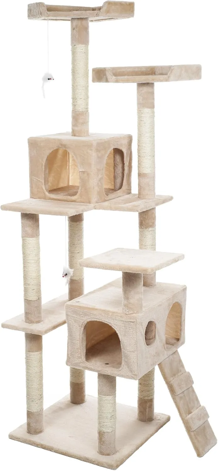 Cat Tree - 5.5-Foot Cat Tower for Indoor Cats with Perches, 2 Condos, 9 Cat Scratching Posts, 2 Hanging Toys, and 2-Step Ladder by PETMAKER (Beige)