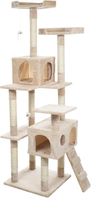 Cat Tree - 5.5-Foot Cat Tower for Indoor Cats with Perches, 2 Condos, 9 Cat Scratching Posts, 2 Hanging Toys, and 2-Step Ladder by PETMAKER (Beige)