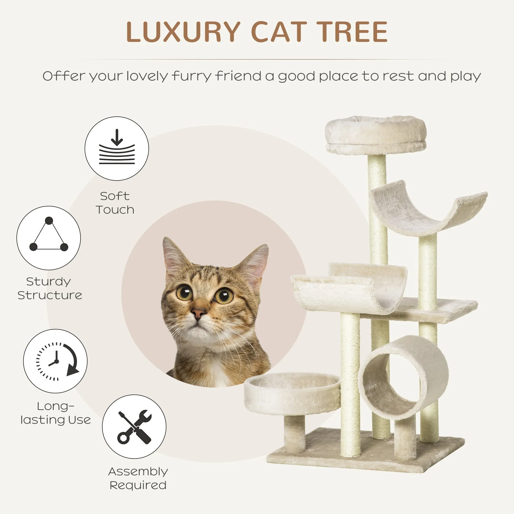 Cat Tree Plush 50Lx40Wx105H cm-Beige