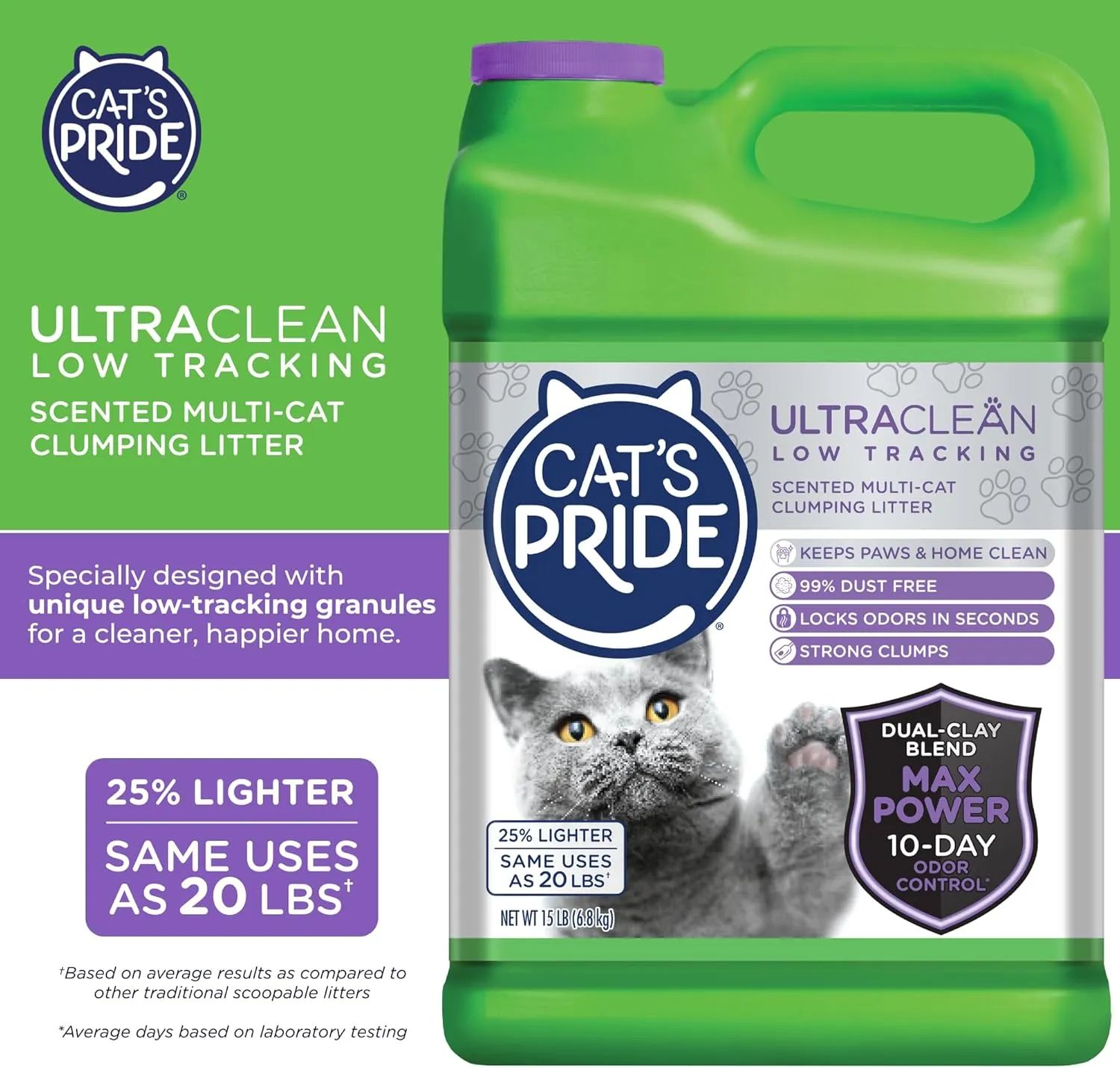 Cat's Pride Max Power: UltraClean Low Tracking Multi-Cat Clumping Litter - Keeps Paws & Home Clean - Up to 10 Days of Powerful Odor Control - 99% Dust Free - Fresh Scent, 15 Pounds (Pack of 2)
