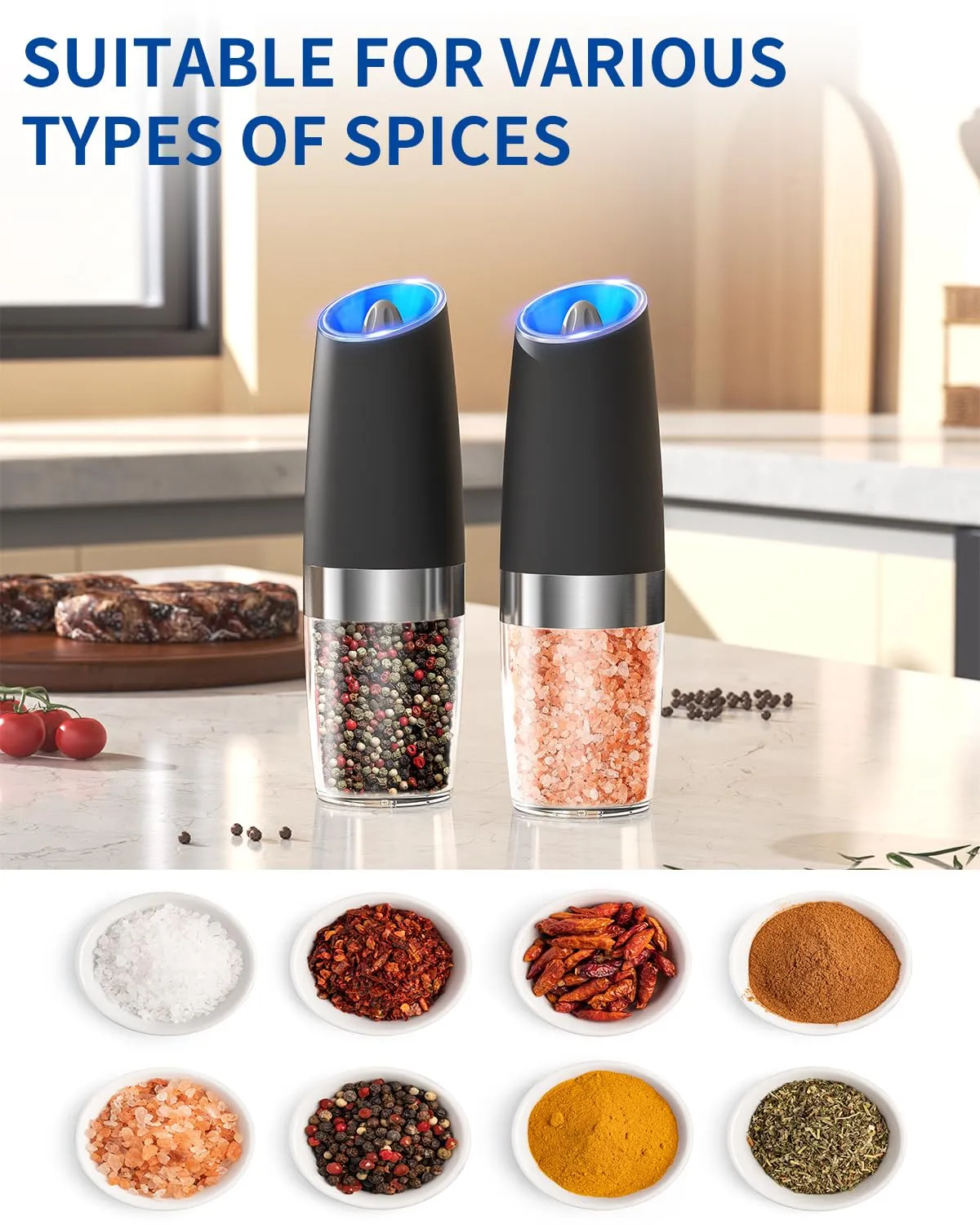 CIRCLE JOY Graviry Electric Salt and Pepper Grinder Set Automatic Salt and Pepper Grinder Set with LED Light, Battery Operated, Adjustable Coarseness, Large Capacity, for Home Kitchen BBQ