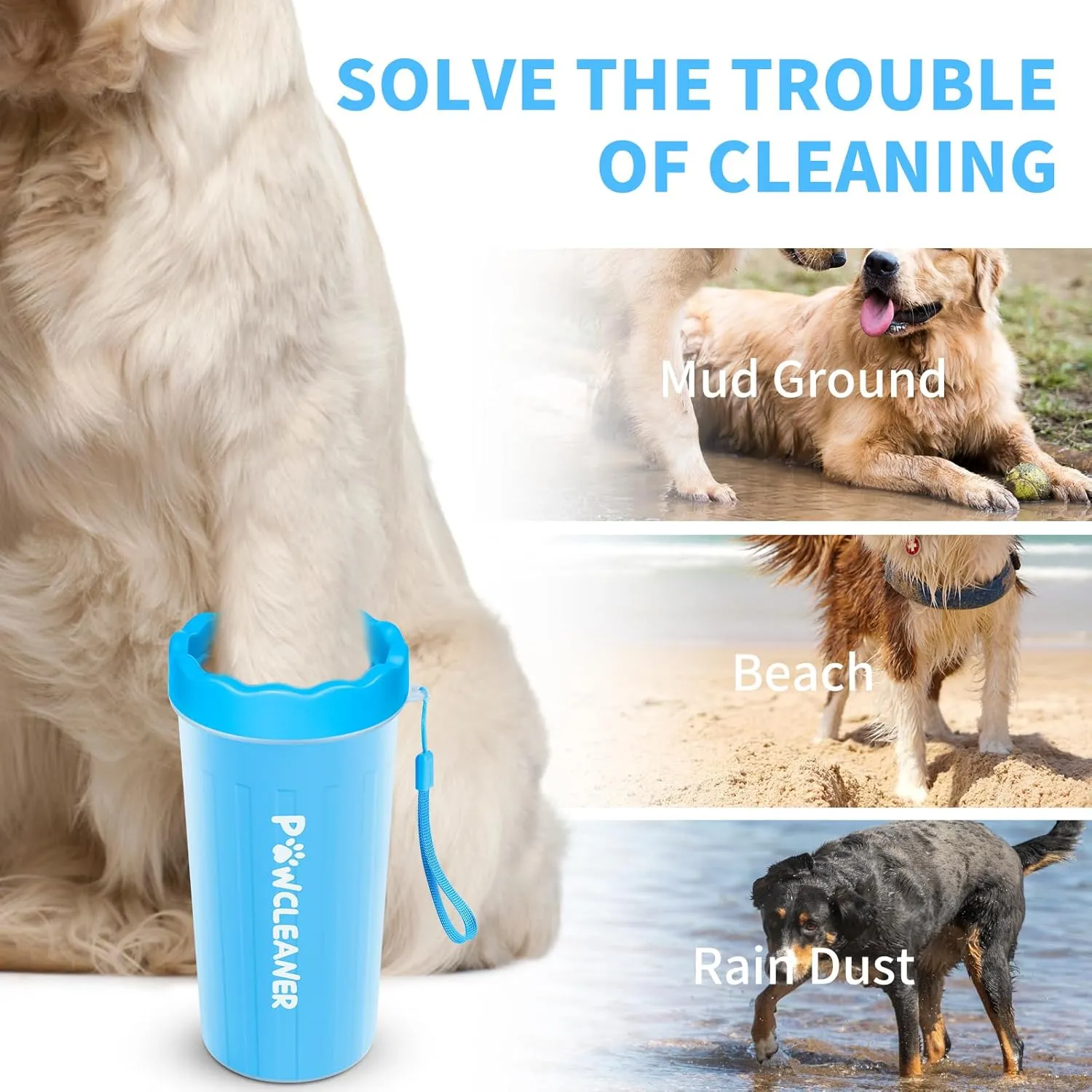 Comotech Dog Paw Cleaner with Bath Brush & Absorbent Towels - Adjustable Ring Handle for Long and Short-Haired Dogs (Large, Blue)