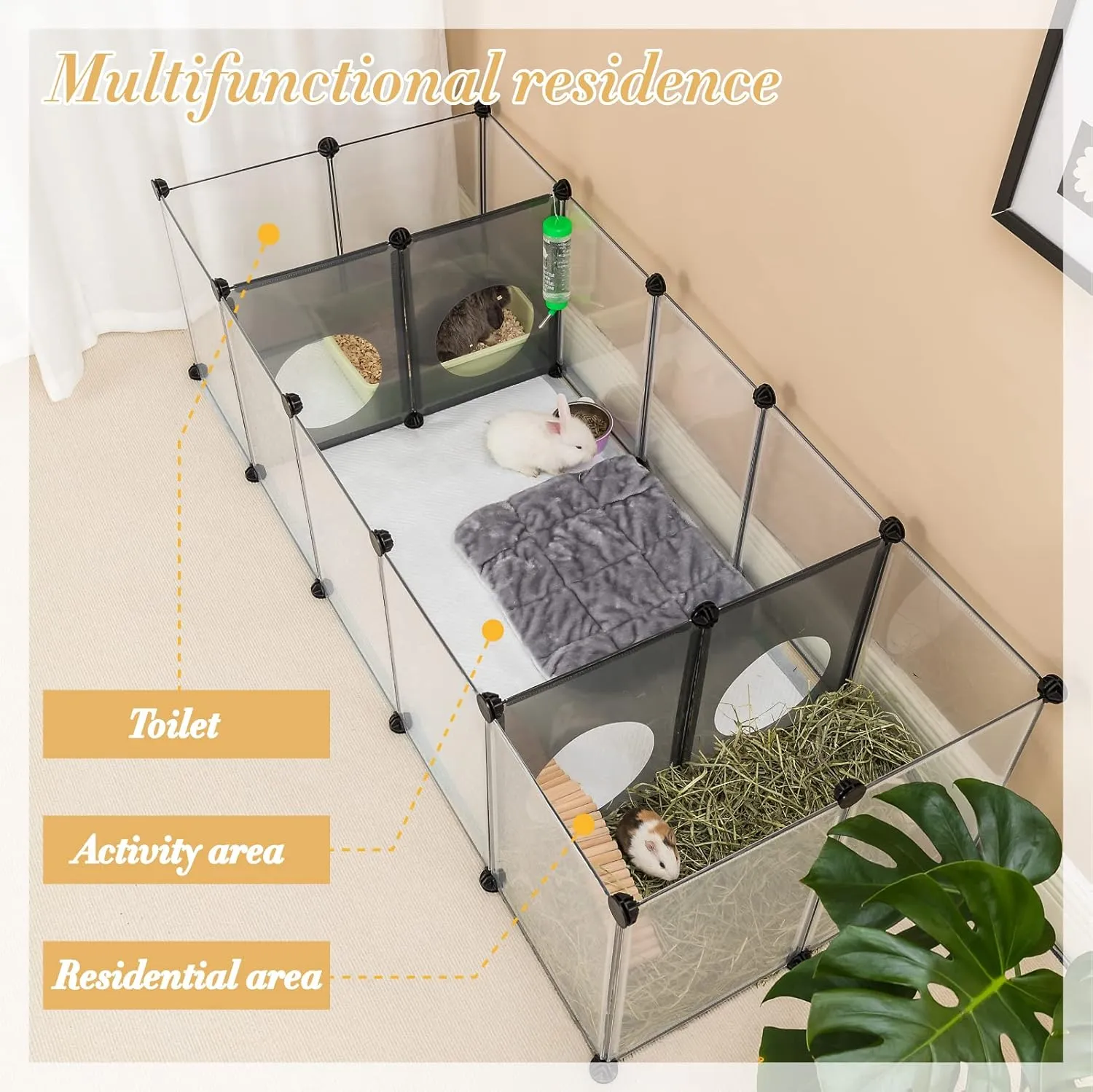 DINMO Rabbit Playpen, Guinea Pig Cages, Hamster Cages, Interesting Game Holes Design for Small Animal, Bunny, Ferret, Hedgehog, DIY, Expanded, Portable, Exercise Fence, 61.4 x 25.4 x 16.4 inches