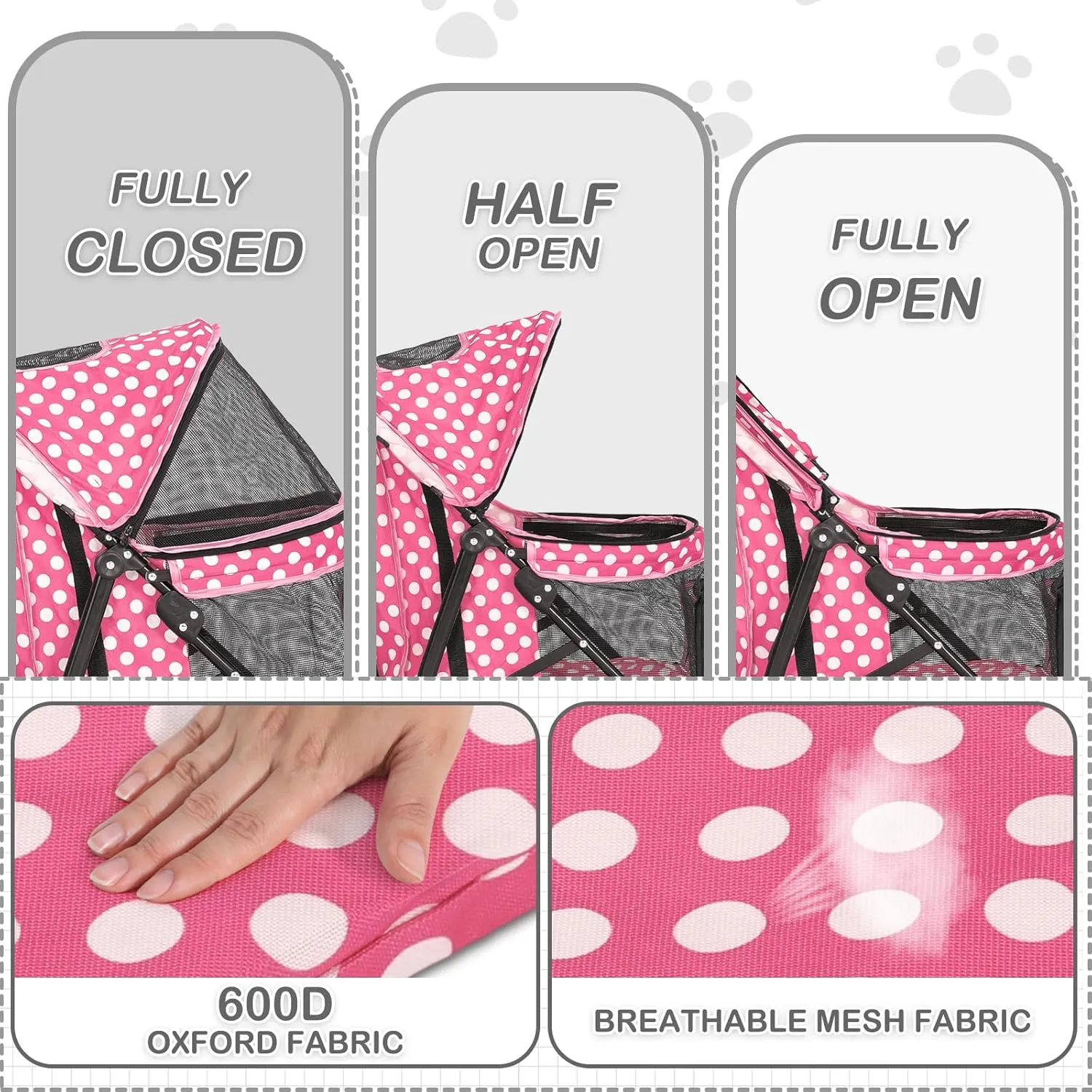 Dog Stroller, 4 Wheels Pet Stroller for Cats with Storage Bag&Visible Mesh, Easy-Fold Umbrella Shaped Cat Stroller and Pet Stroller for Medium Dogs & Small Dogs, Hot Pink with White Polka Dots