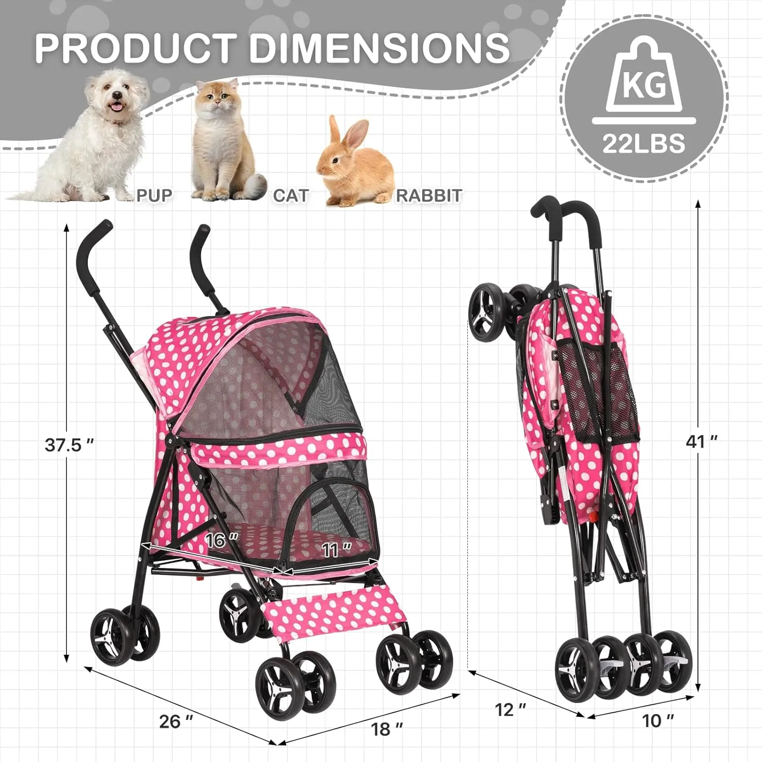 Dog Stroller, 4 Wheels Pet Stroller for Cats with Storage Bag&Visible Mesh, Easy-Fold Umbrella Shaped Cat Stroller and Pet Stroller for Medium Dogs & Small Dogs, Hot Pink with White Polka Dots