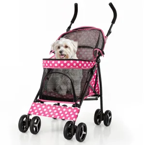 Dog Stroller, 4 Wheels Pet Stroller for Cats with Storage Bag&Visible Mesh, Easy-Fold Umbrella Shaped Cat Stroller and Pet Stroller for Medium Dogs & Small Dogs, Hot Pink with White Polka Dots