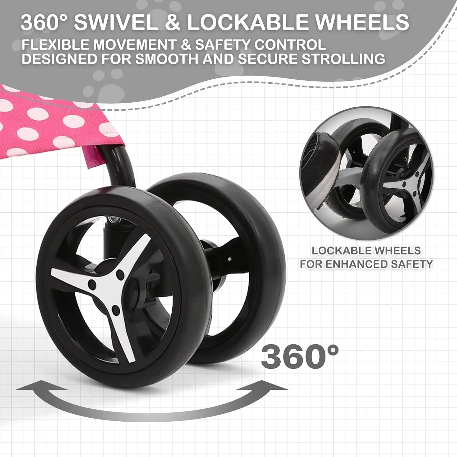 Dog Stroller, 4 Wheels Pet Stroller for Cats with Storage Bag&Visible Mesh, Easy-Fold Umbrella Shaped Cat Stroller and Pet Stroller for Medium Dogs & Small Dogs, Hot Pink with White Polka Dots