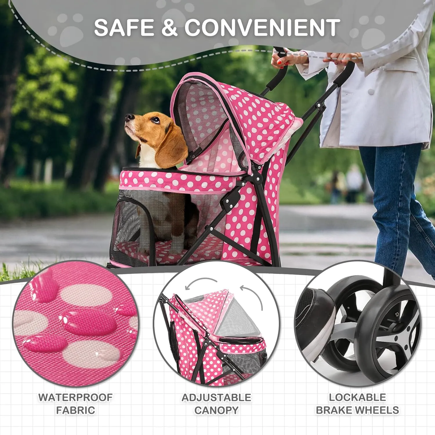 Dog Stroller, 4 Wheels Pet Stroller for Cats with Storage Bag&Visible Mesh, Easy-Fold Umbrella Shaped Cat Stroller and Pet Stroller for Medium Dogs & Small Dogs, Hot Pink with White Polka Dots
