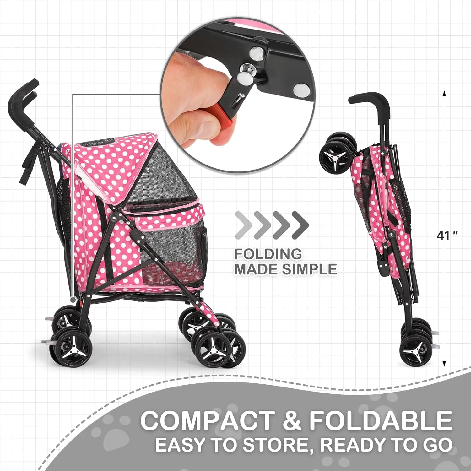 Dog Stroller, 4 Wheels Pet Stroller for Cats with Storage Bag&Visible Mesh, Easy-Fold Umbrella Shaped Cat Stroller and Pet Stroller for Medium Dogs & Small Dogs, Hot Pink with White Polka Dots