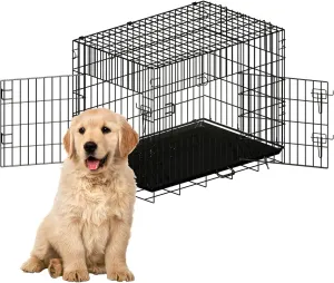Double Door Dog Crate, Portable Wire Dog Crate with Tray and Divider, Pet Crate for Small Dogs, Indoor and Outdoor Pet Pen, 30" L x 18" W x 21" H Collapsible Dog Kennel