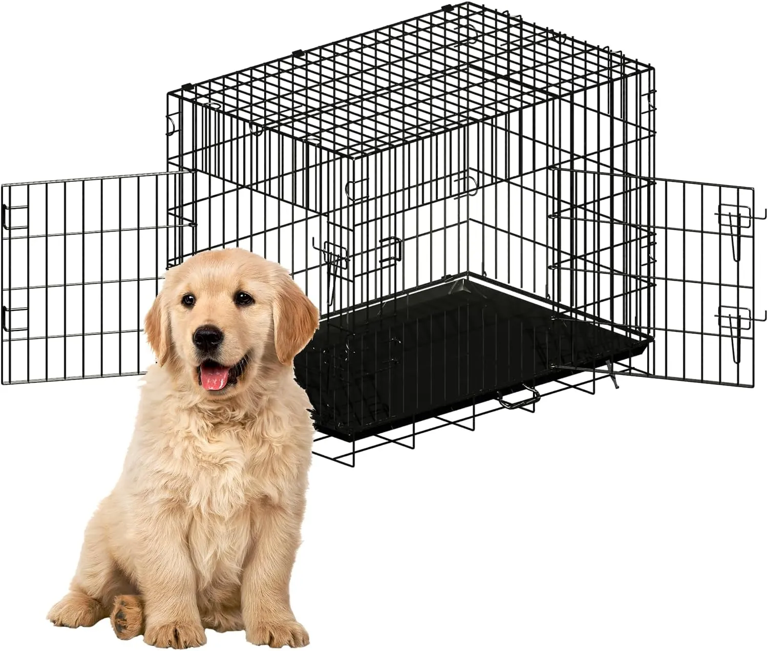 Double Door Dog Crate, Portable Wire Dog Crate with Tray and Divider, Pet Crate for Small Dogs, Indoor and Outdoor Pet Pen, 30" L x 18" W x 21" H Collapsible Dog Kennel