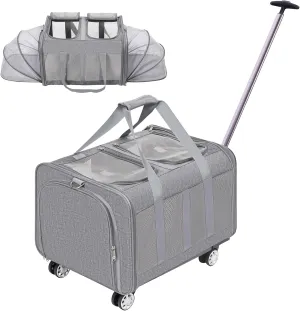 Expandable Pet Carrier, Double Cat Carriers with Wheels, Dog Cat Carrier Soft up to 40 Lbs, Rolling Pet Carrier for 2 Cats, Puppy, Small Dog, Pet Travel Carrier - Extra Large - Grey (21"x 17"x 16")