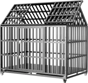 Extra Large 52 Inch Heavy Duty Dog Crate Escape-Proof Sturdy Dog cage Durable Strong Metal Dog Kennels and Crates for Large Dogs with Roof & 4 Lockable Wheels