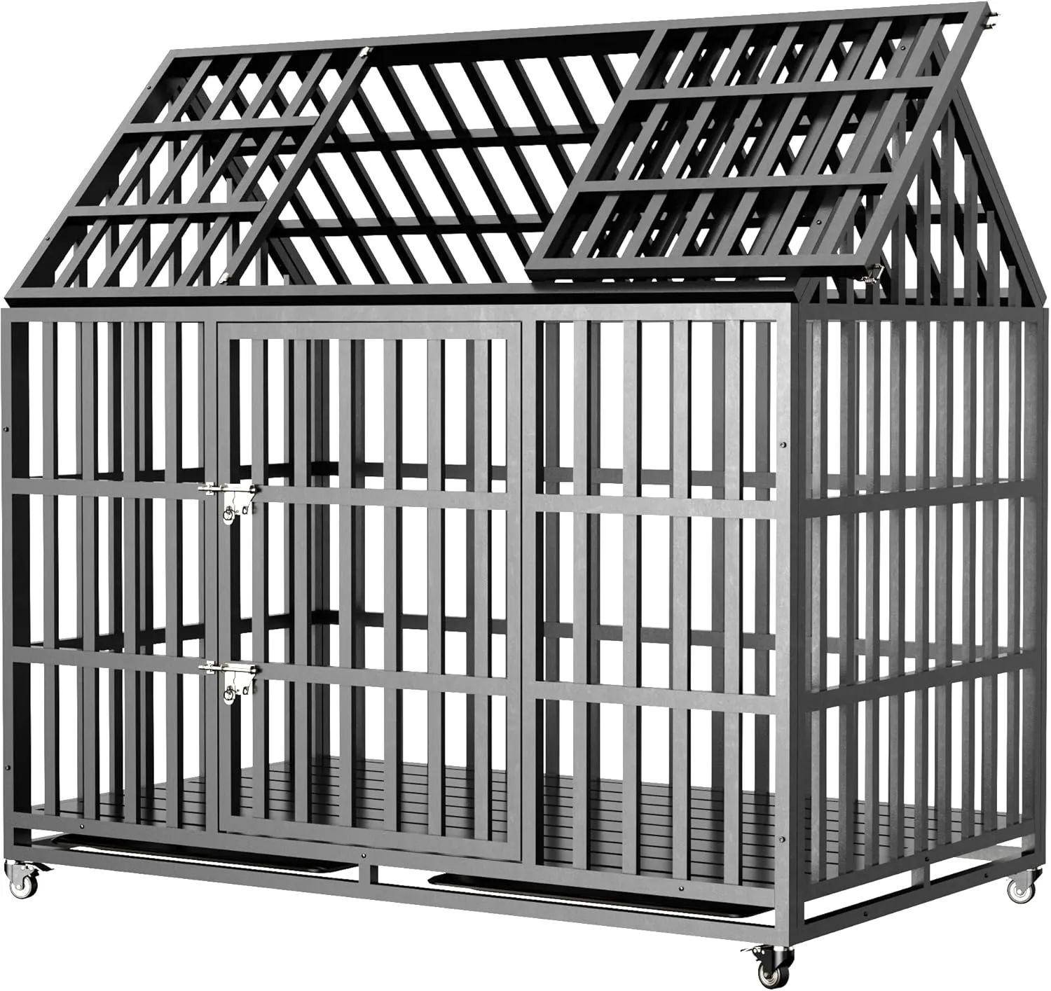 Extra Large 52 Inch Heavy Duty Dog Crate Escape-Proof Sturdy Dog cage Durable Strong Metal Dog Kennels and Crates for Large Dogs with Roof & 4 Lockable Wheels
