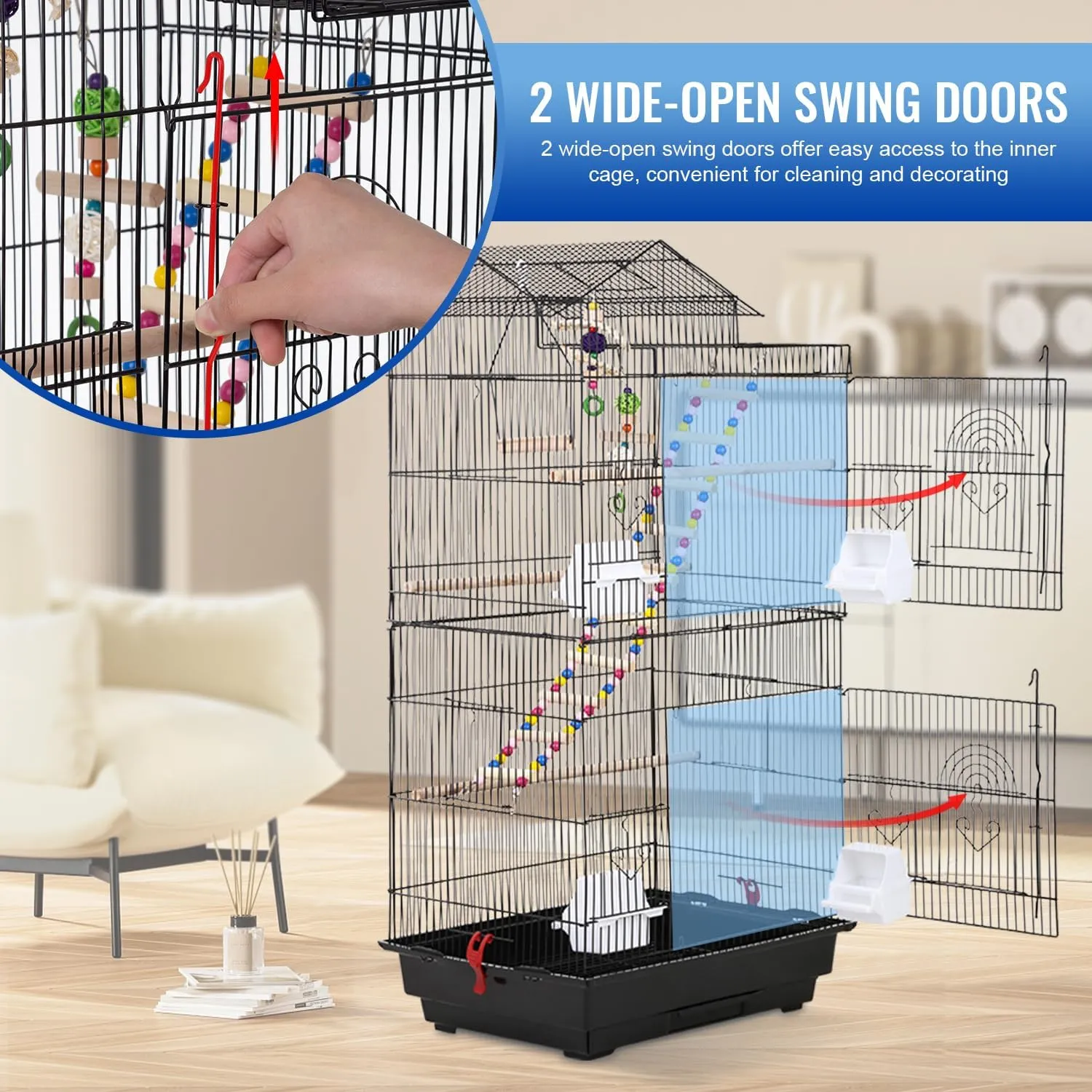 FDW 39 Inch Bird Cage Parakeet Cage with Play Top Rolling Stand & Easy Clean Pull-Out Tray Roof Top Parrot Cage for for Finches Canaries Parakeets Cockatiels & Other Small Birds, Black
