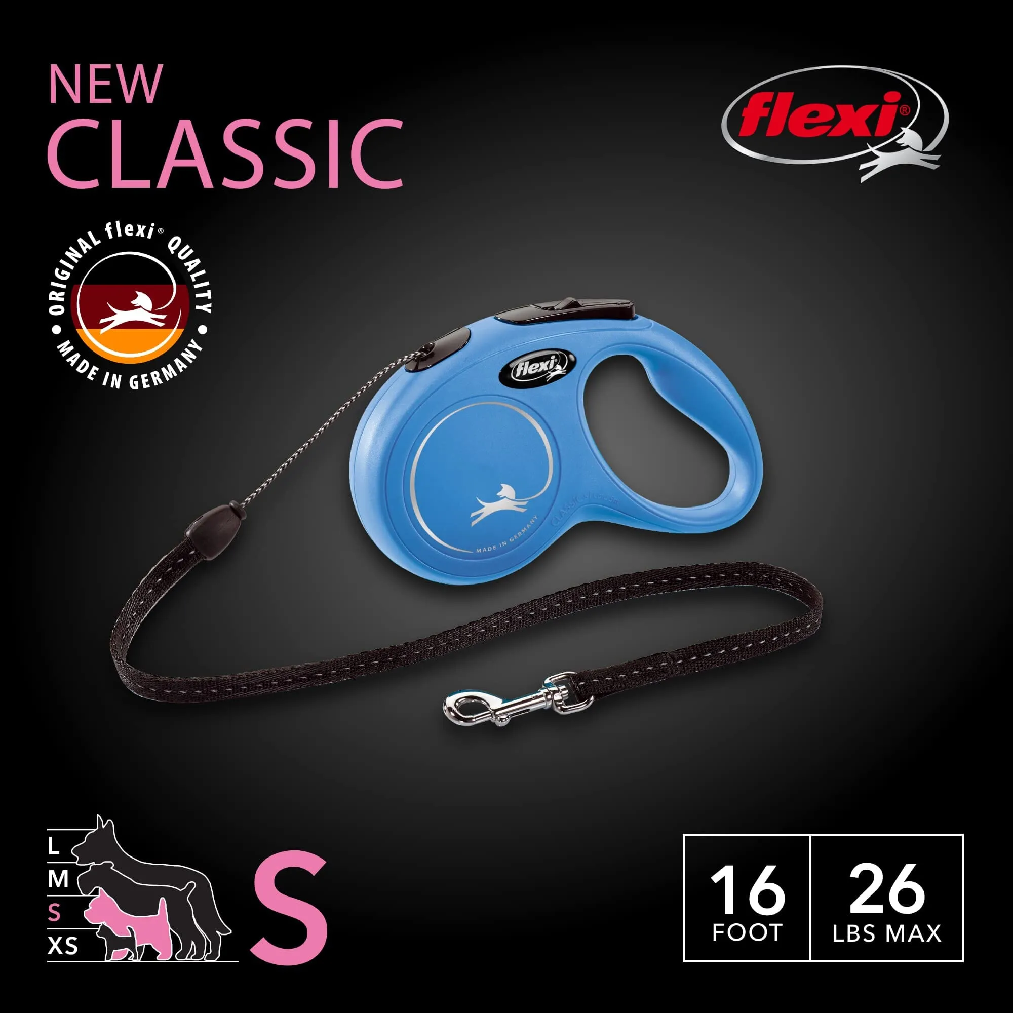 Flexi Classic Cord Retractable Dog Leash - Blue - Small - 16 Feet