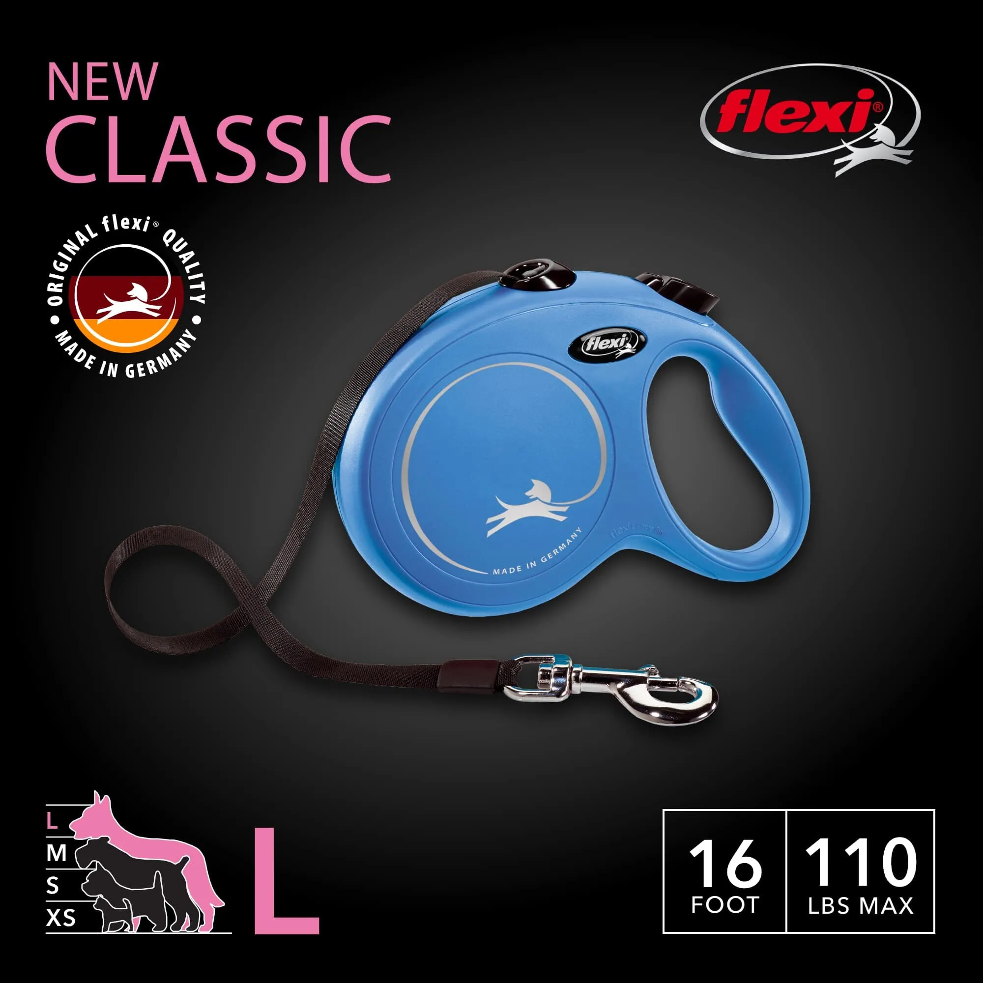 Flexi Classic Tape Rectractable Dog Leash - 110 Lbs - Blue - Large - 16 Feet