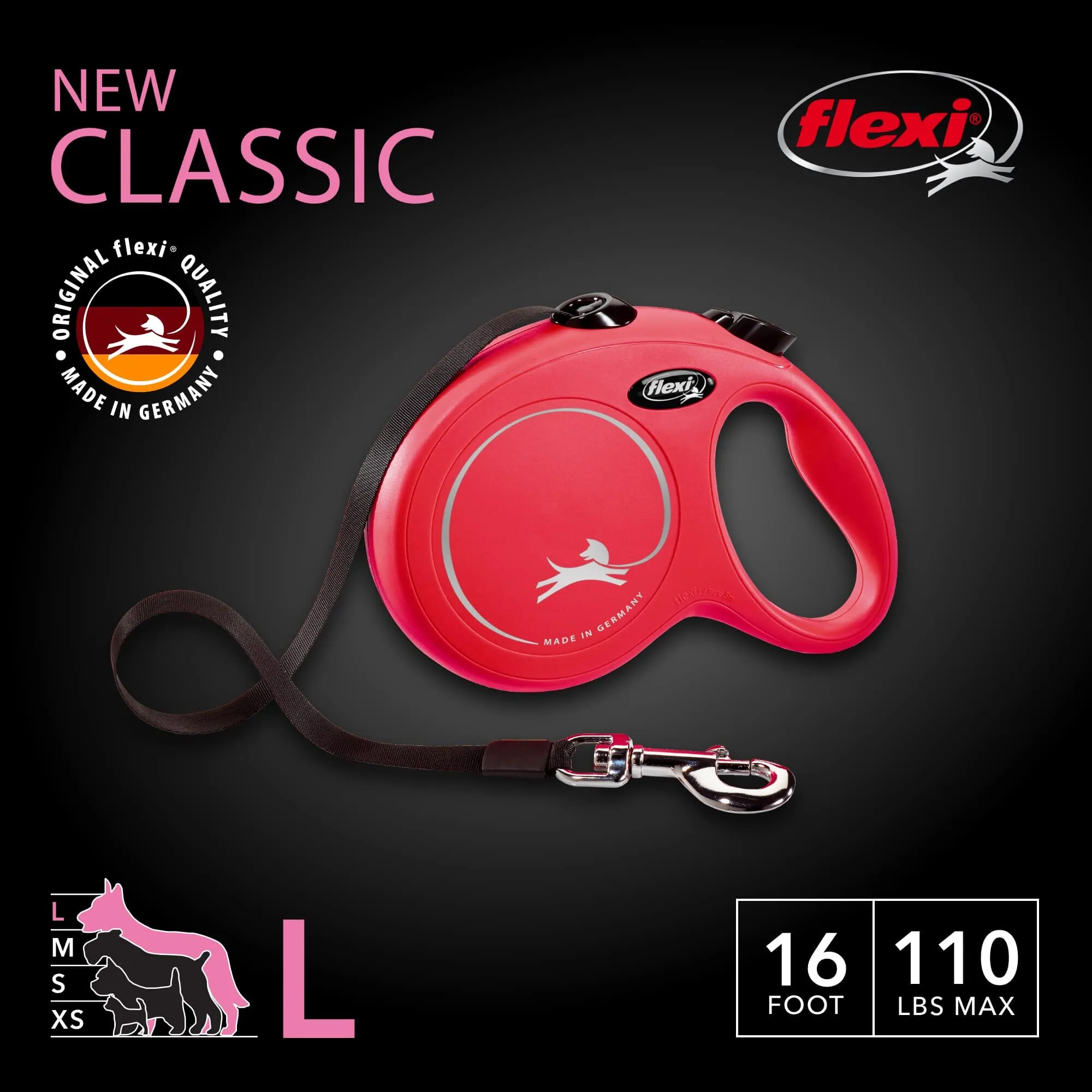 Flexi Classic Tape Rectractable Dog Leash - 110 Lbs - Red - Large - 16 Feet