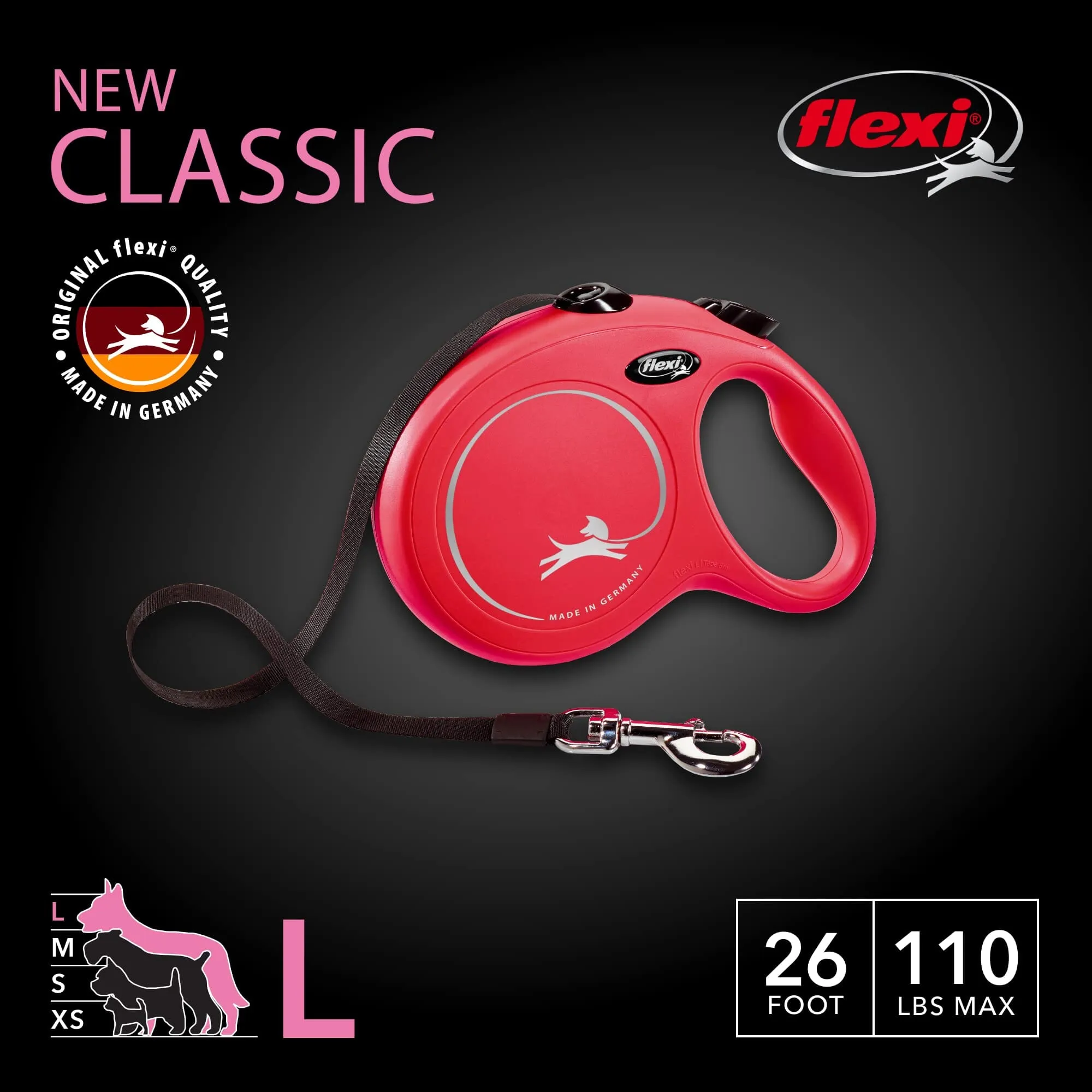 Flexi Classic Tape Rectractable Dog Leash - 110 Lbs - Red - Large - 26 Feet