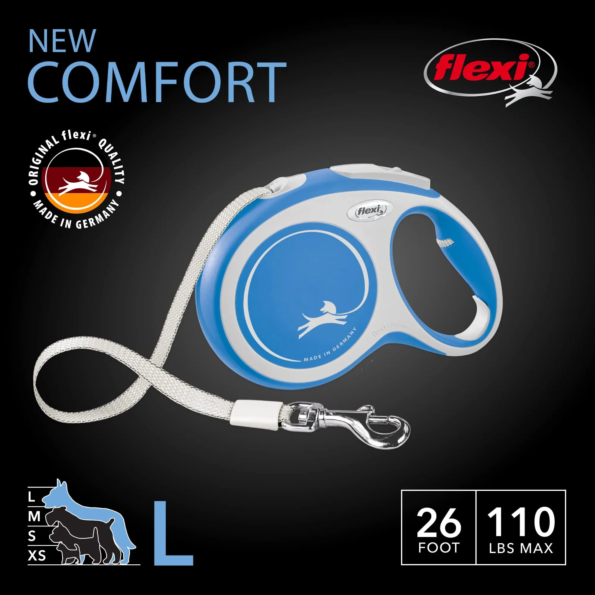 Flexi New Comfort Tape Rectractable Dog Leash - 110 Lbs - Gray - Large - 26 Feet