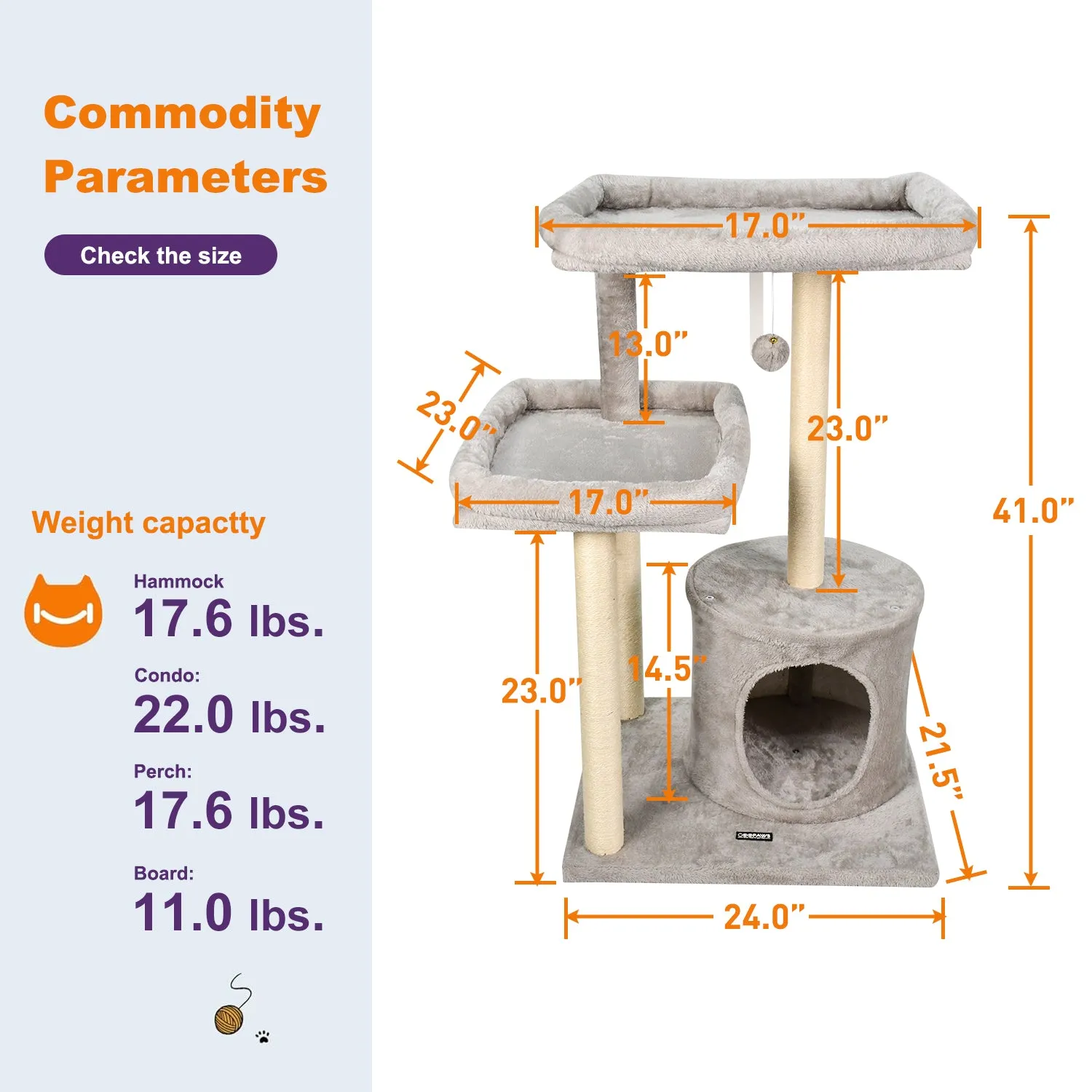 GOOPAWS 41-in Faux Fur Top Perch Cat Tree & Condo, Grey