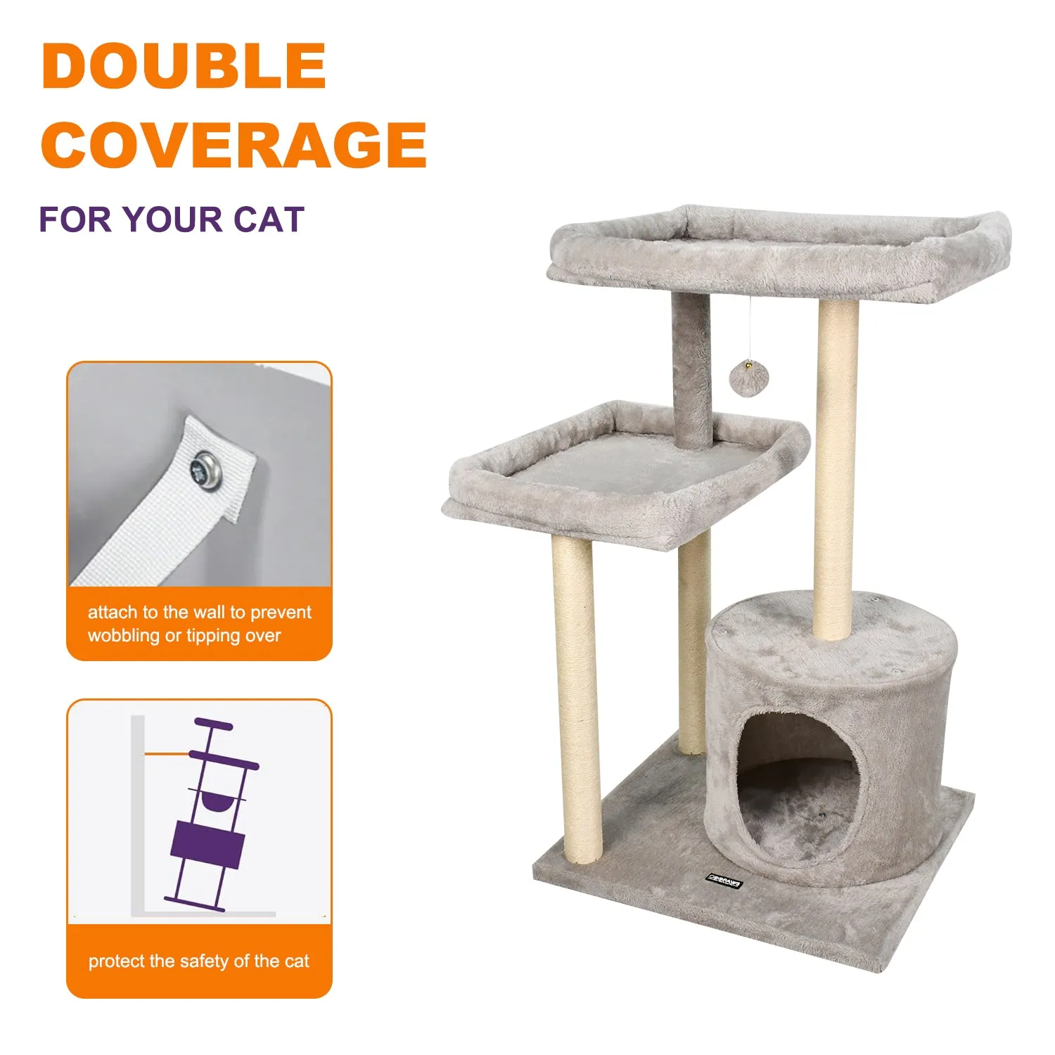 GOOPAWS 41-in Faux Fur Top Perch Cat Tree & Condo, Grey