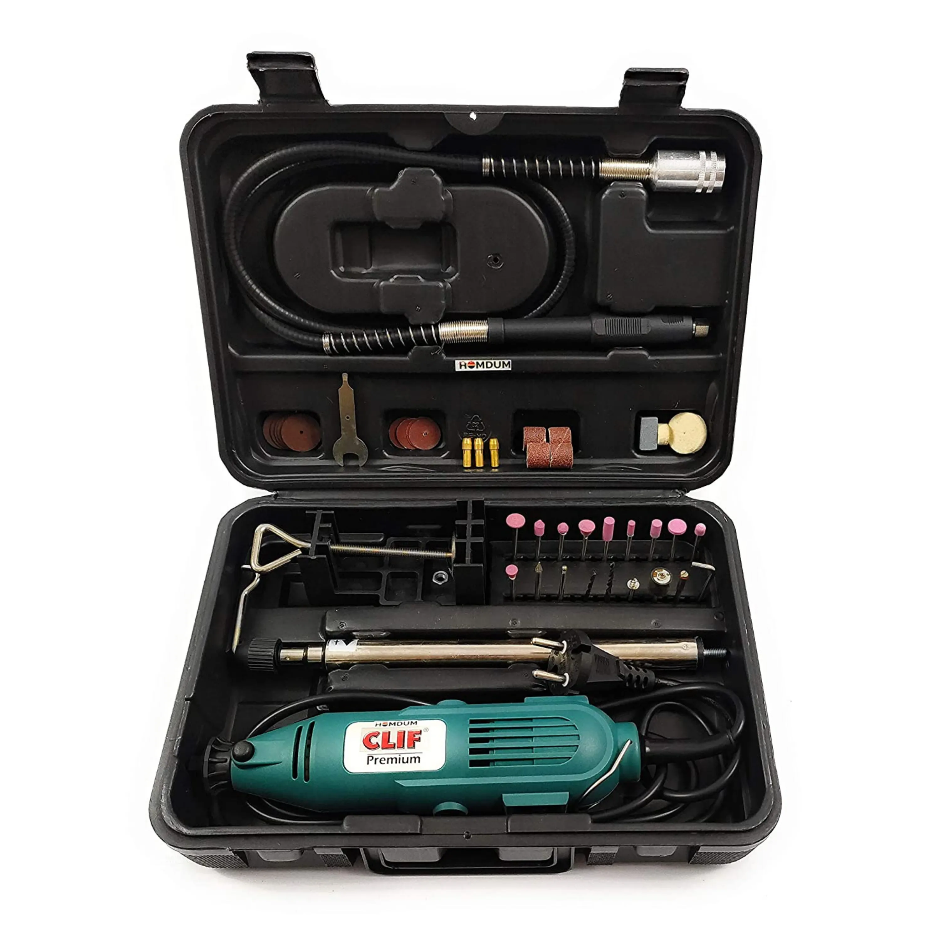 Homdum Multifunctional Clif Mini Rotary Die Grinder Tool Kit with 40 Pieces Grinding Stones, Sanding Roll and Diamond Bits Accessories Including 1 Flexible Shaft and 1 Set Mounting Stand