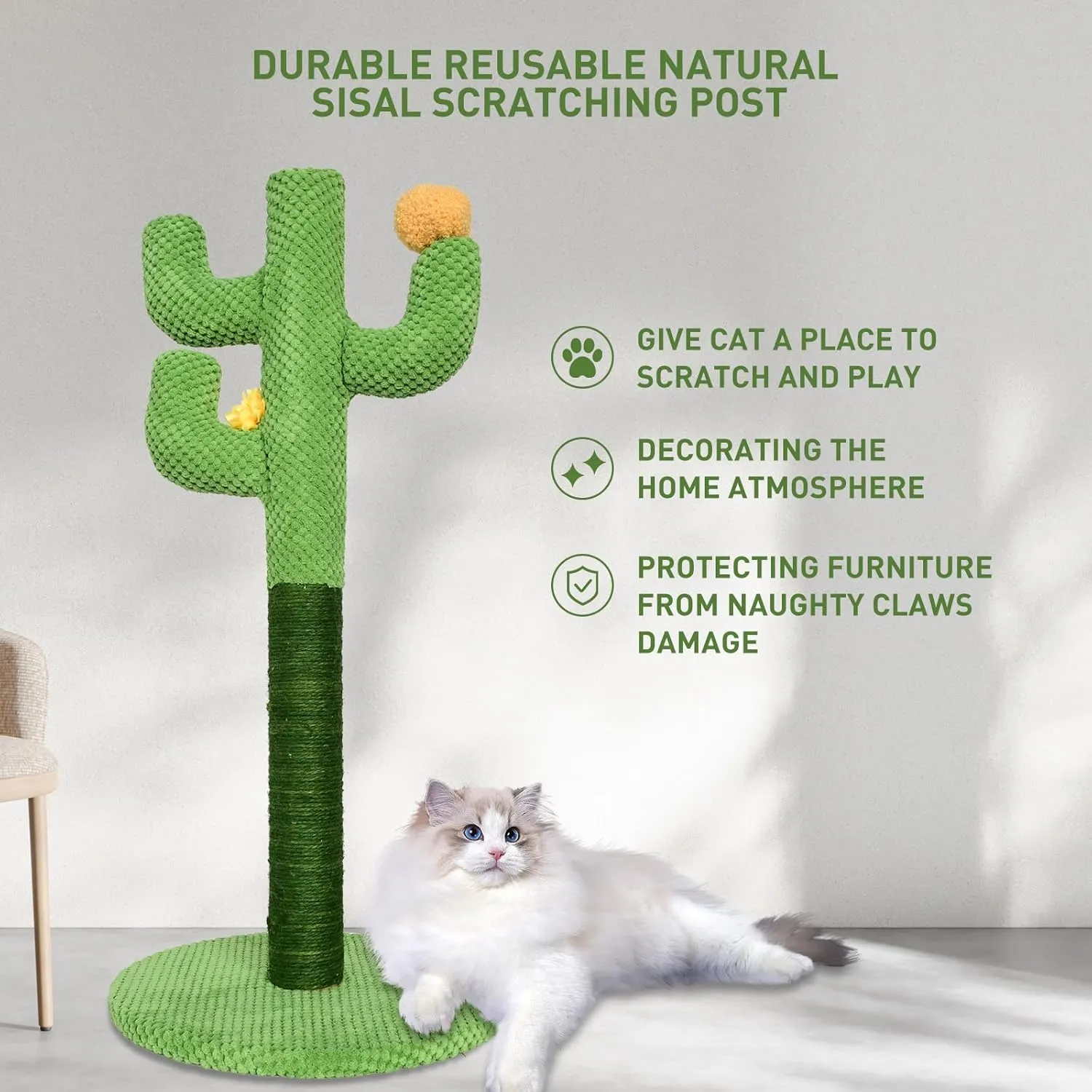 Kitten Cat Scratch Post - 25'' Cactus Scratching Posts with Sisal Cats Claw Scratcher Scratching Posts for Indoor Cats AdultsVertical Green Cat Tree with Flower for Kitten
