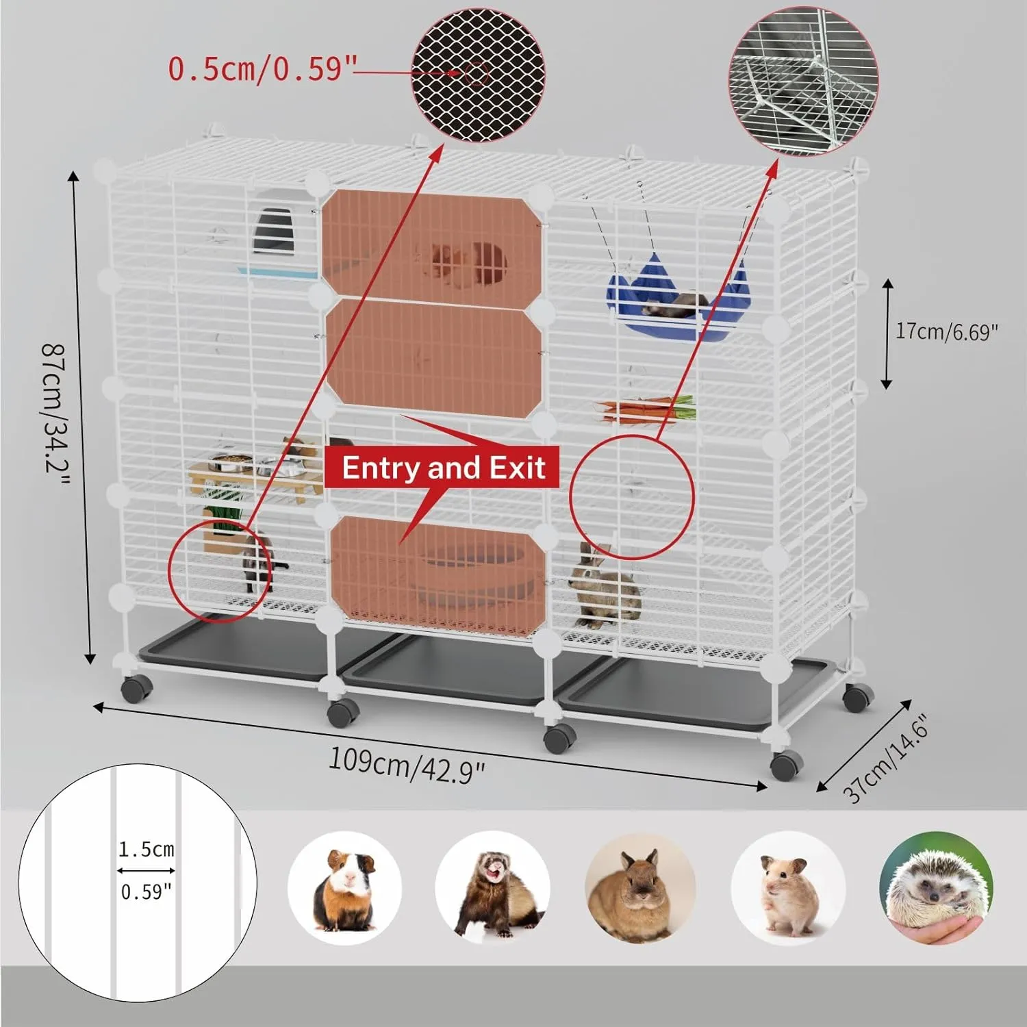 Large Guinea Pig Cages Indoor: 4-Tier C&C Rabbit Cage Small Animal Cage on Wheel with Removable Tray for Bunny Hamster Ferret Rat Chinchilla Hedgehog