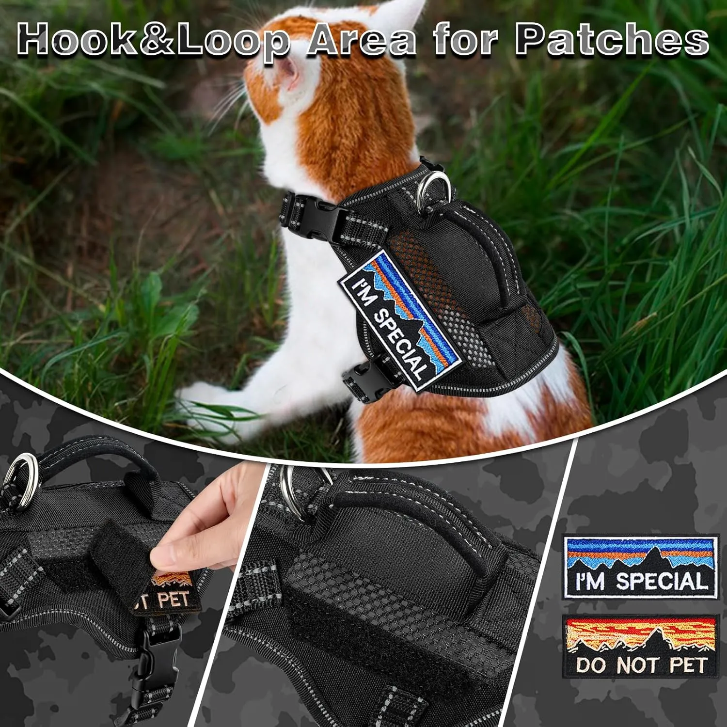Large Tactical Cat Harness, Breathable Mesh Cat Walking Harness for Adult Fat Cats with Handle & Patches, Adjustable Reflective Cat Vest Easy to Control