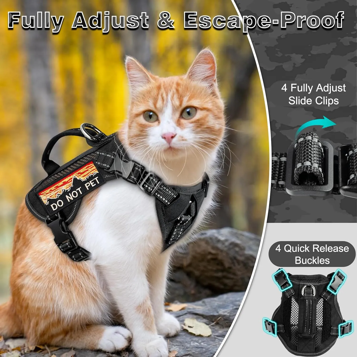 Large Tactical Cat Harness, Breathable Mesh Cat Walking Harness for Adult Fat Cats with Handle & Patches, Adjustable Reflective Cat Vest Easy to Control