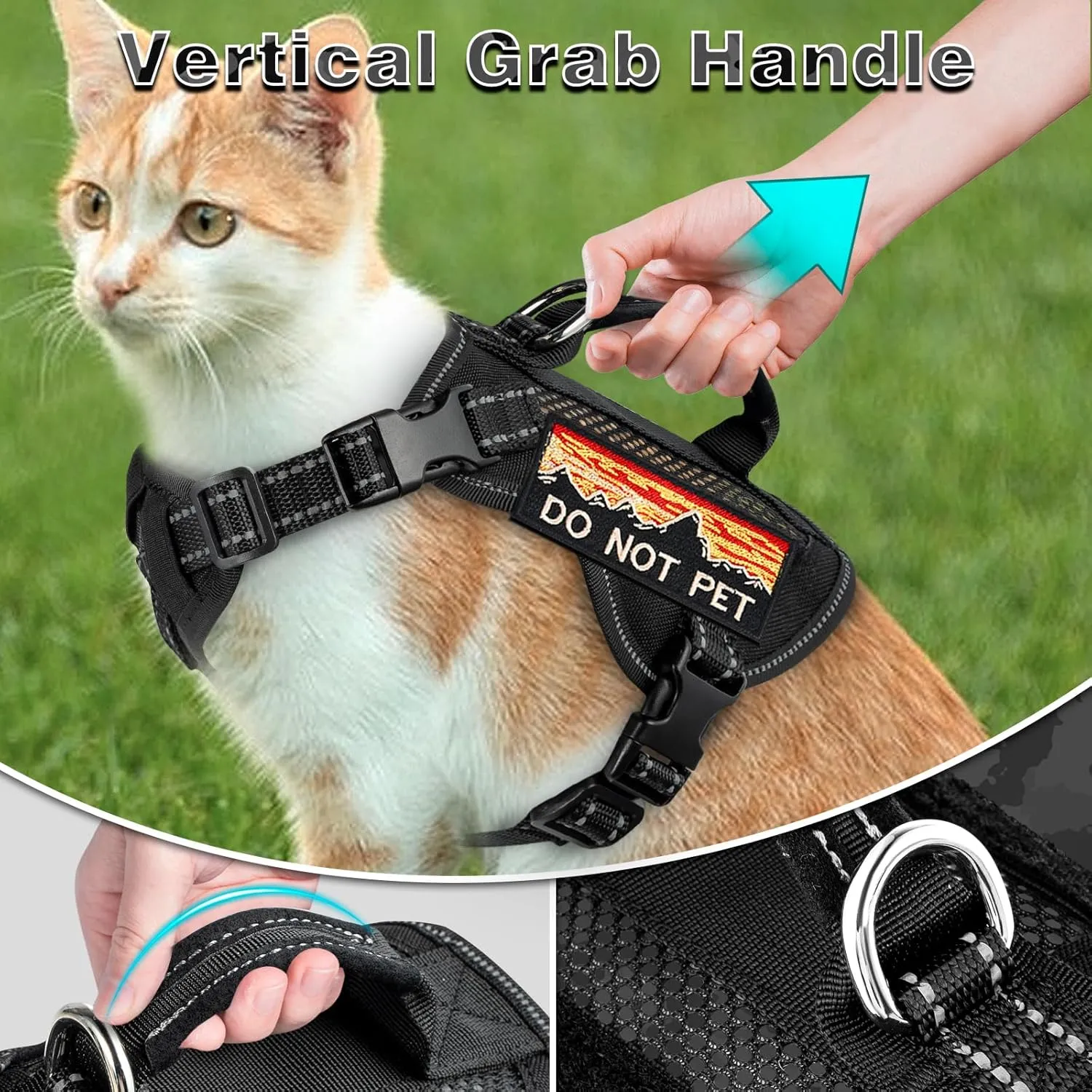 Large Tactical Cat Harness, Breathable Mesh Cat Walking Harness for Adult Fat Cats with Handle & Patches, Adjustable Reflective Cat Vest Easy to Control