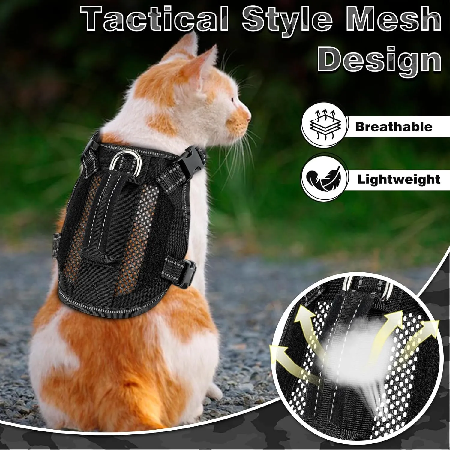 Large Tactical Cat Harness, Breathable Mesh Cat Walking Harness for Adult Fat Cats with Handle & Patches, Adjustable Reflective Cat Vest Easy to Control