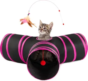 Love's Cabin 3 Way Collapsible Cat Tunnels for Indoor Play - Boredom Buster with Peek Hole Toy Ball for Cats, Kittens, Rabbits, Puppies