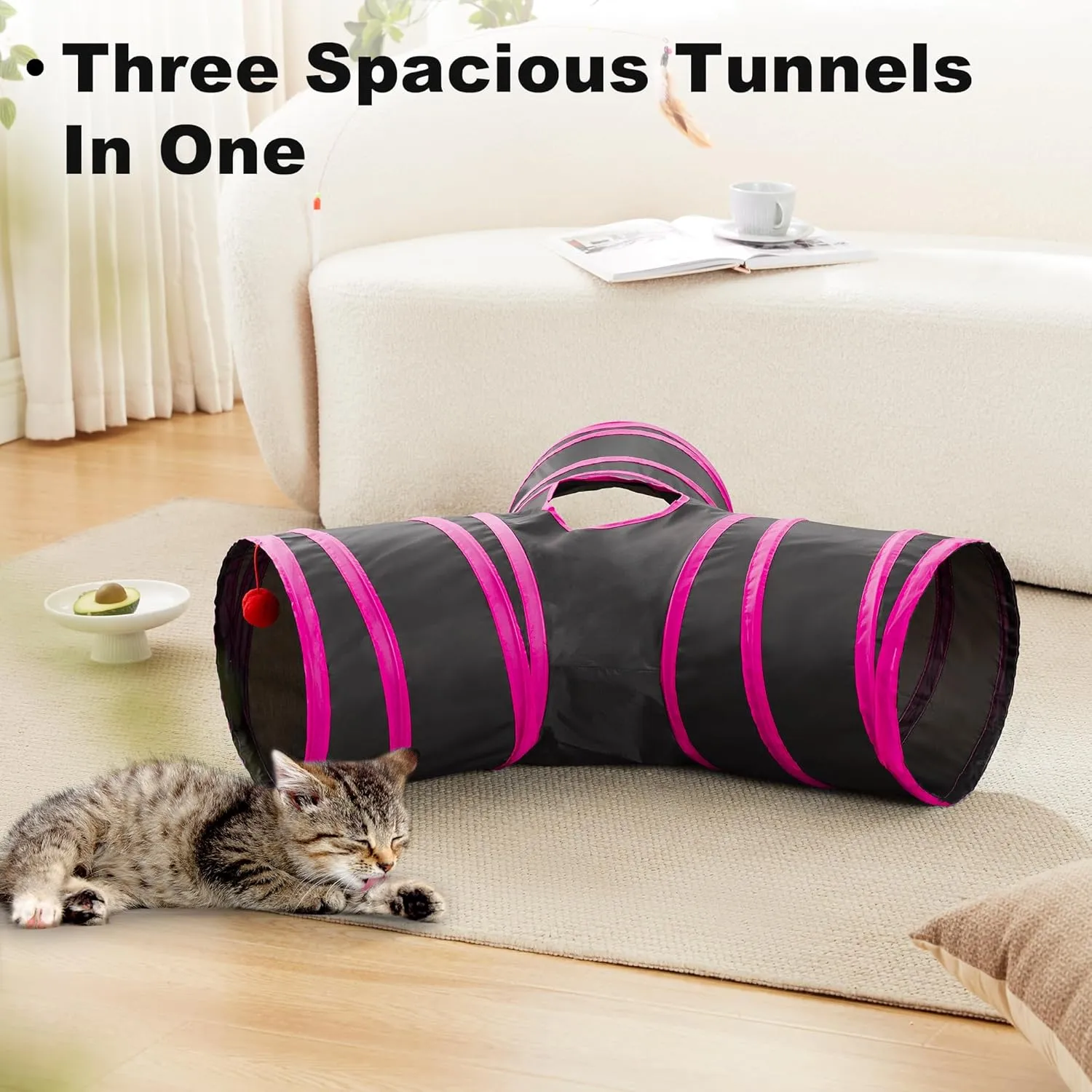 Love's Cabin 3 Way Collapsible Cat Tunnels for Indoor Play - Boredom Buster with Peek Hole Toy Ball for Cats, Kittens, Rabbits, Puppies