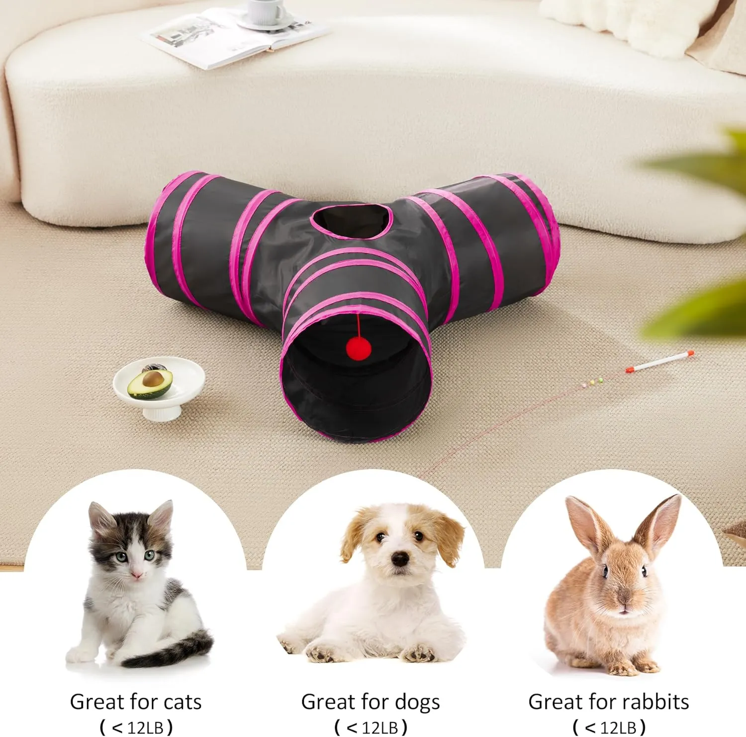 Love's Cabin 3 Way Collapsible Cat Tunnels for Indoor Play - Boredom Buster with Peek Hole Toy Ball for Cats, Kittens, Rabbits, Puppies