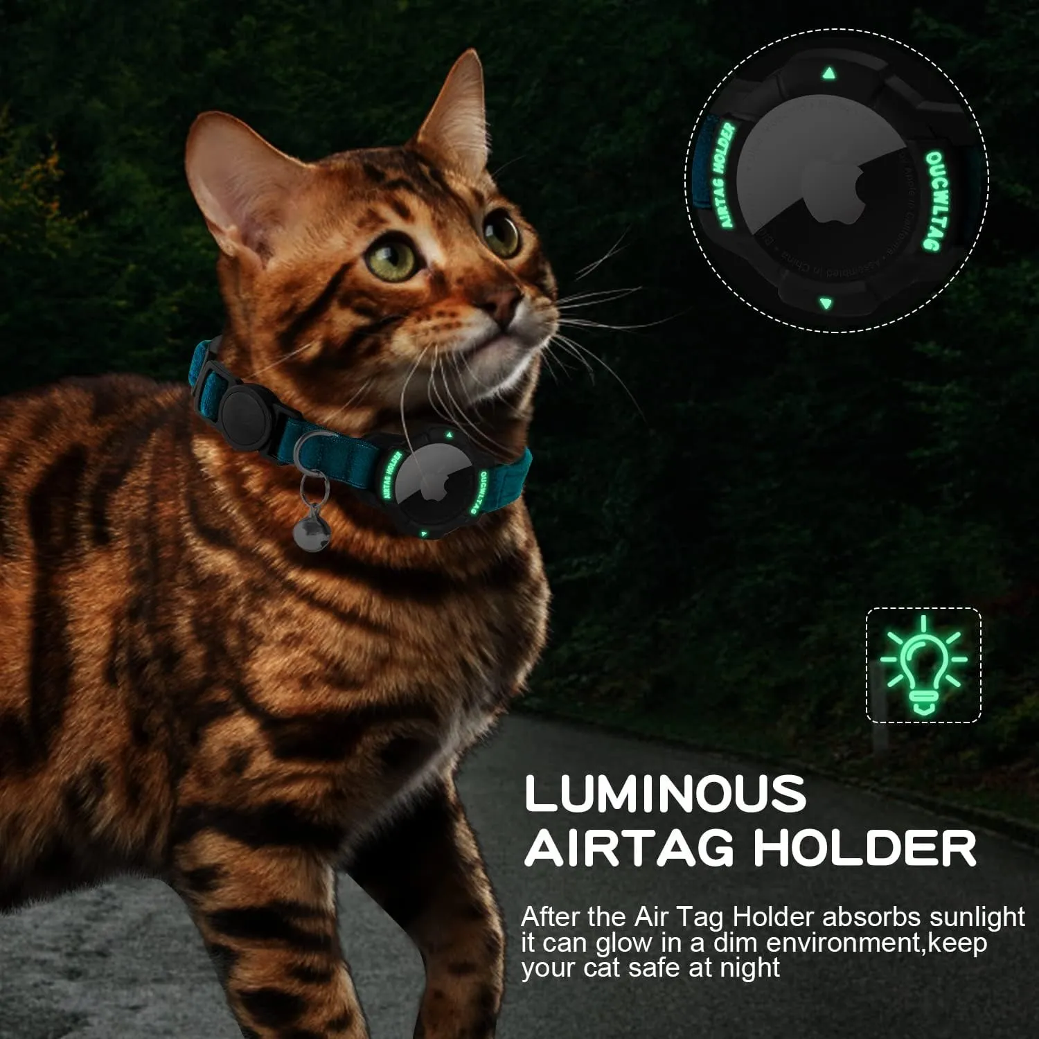 Luminous AirTag Cat Collar Breakaway, OUCWLTAG GPS Cat Collar with Apple Air Tag Holder, Cat Tracker Collars with Safety Elastic Band for Girl Boy Cats, Kittens and Puppies (Blue, 9-13 Inch)