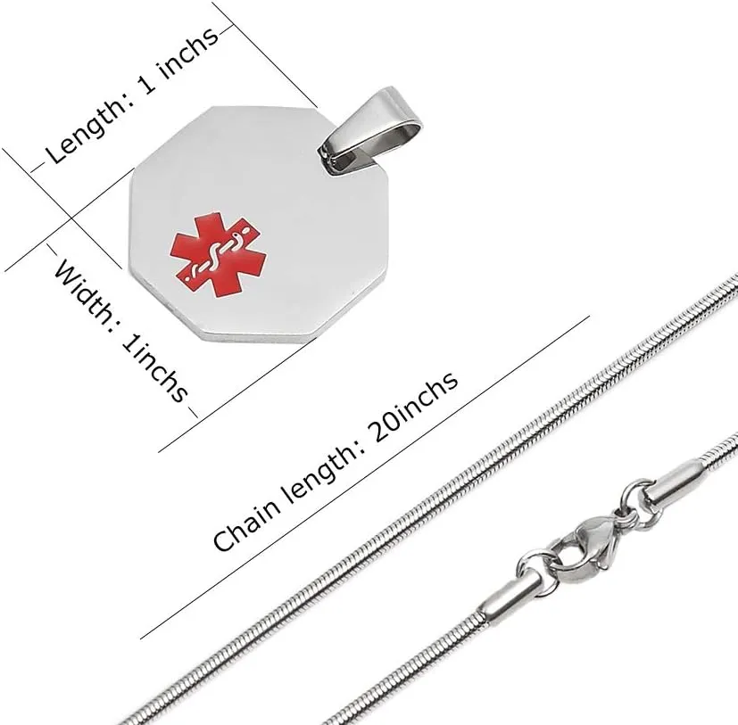 Medical Alert ID Necklace Stainless Steel Dog Tag Octagon Pendant Snake Chain 20 inches for Daughter Son and Seniors Free Engraving