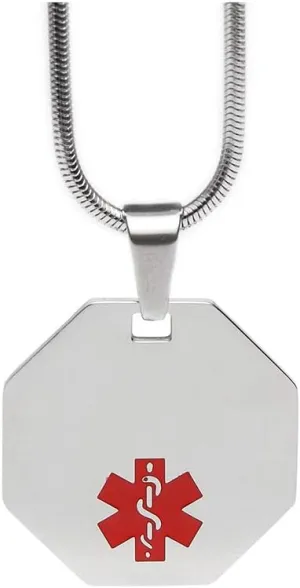 Medical Alert ID Necklace Stainless Steel Dog Tag Octagon Pendant Snake Chain 20 inches for Daughter Son and Seniors Free Engraving