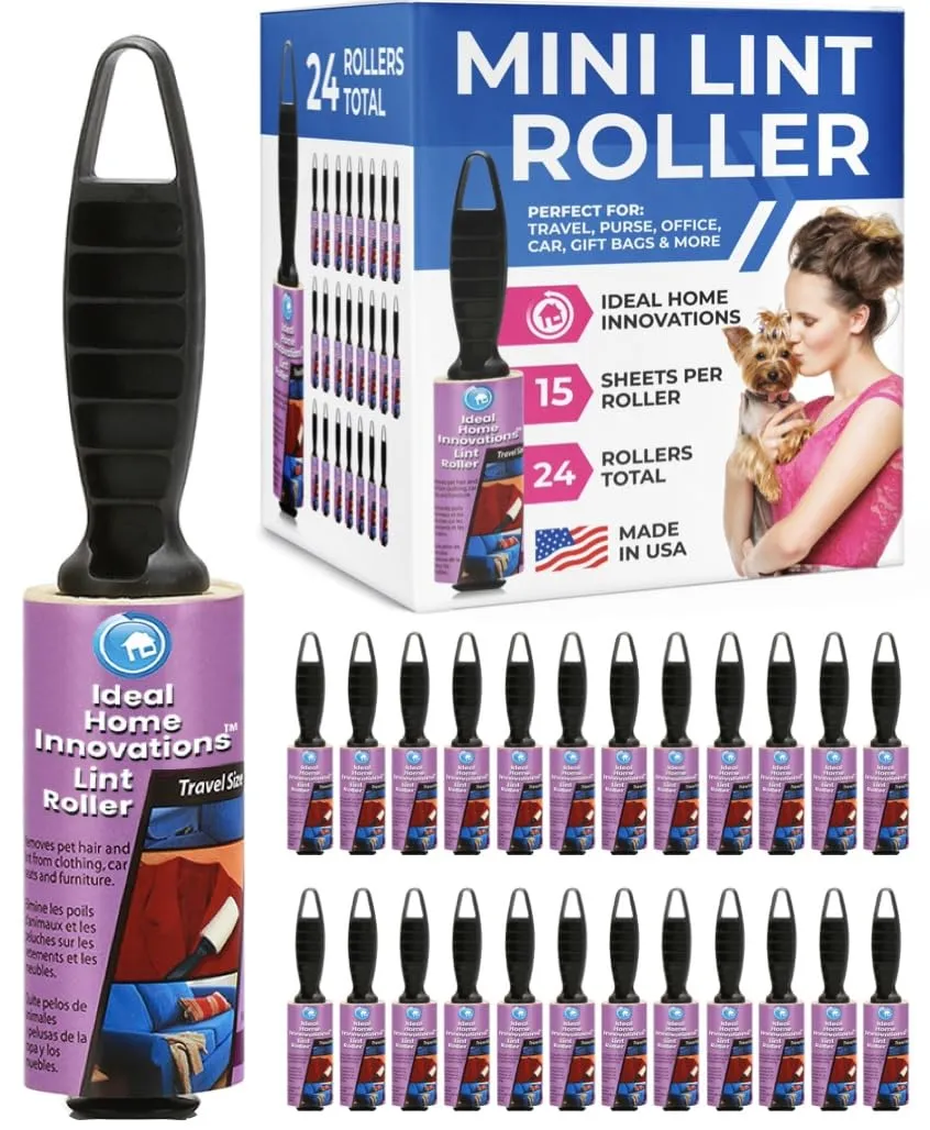 Mini Lint Rollers for Quick Cleanup  Extra Sticky Pet Hair Remover for Clothes, Carpet, Furniture & Car - Dog/Cat Hair Lint Remover -24 Rolls, 360 Sheets - Easy Peel, Everyday Essentials, Made in USA