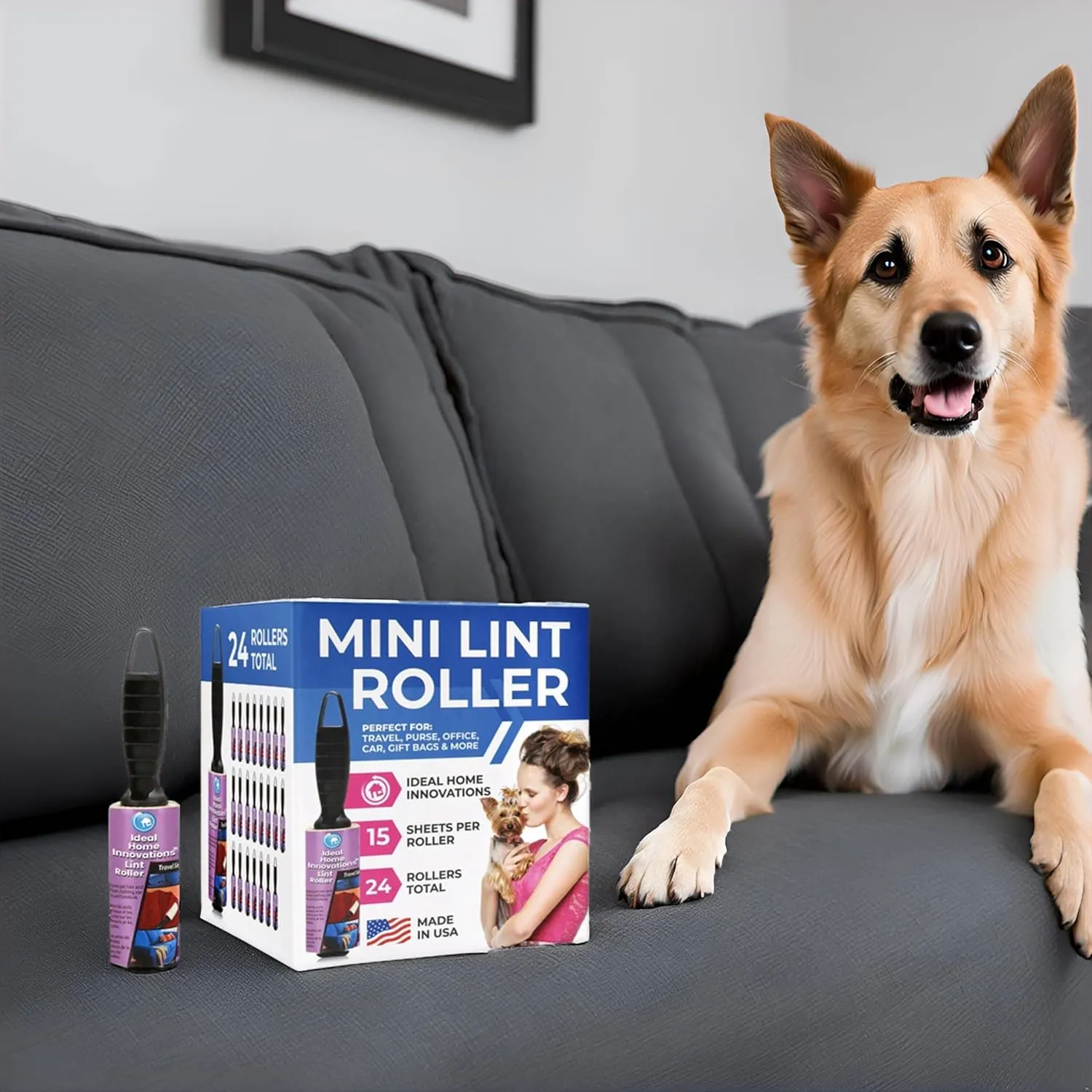 Mini Lint Rollers for Quick Cleanup  Extra Sticky Pet Hair Remover for Clothes, Carpet, Furniture & Car - Dog/Cat Hair Lint Remover -24 Rolls, 360 Sheets - Easy Peel, Everyday Essentials, Made in USA