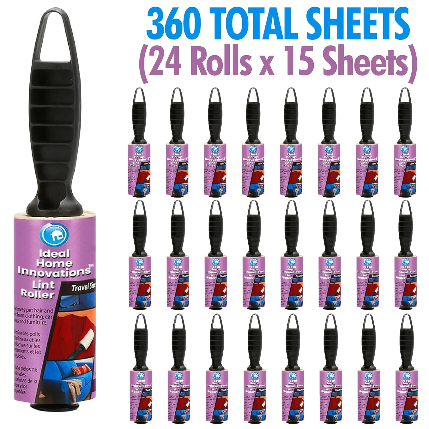 Mini Lint Rollers for Quick Cleanup  Extra Sticky Pet Hair Remover for Clothes, Carpet, Furniture & Car - Dog/Cat Hair Lint Remover -24 Rolls, 360 Sheets - Easy Peel, Everyday Essentials, Made in USA
