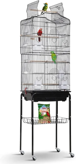 Open Top Standing Bird Cage 64 Inch with Rolling Stand for Parakeets Cockatiel Parrots Lovebirds Medium Small Bird Cage-Black, L18 * W14 * H62 inches