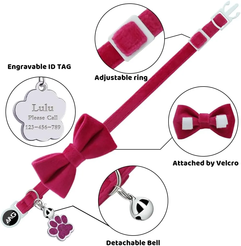 Personalized Breakaway Cat Collars with ID Tag Bell Bowtie,Safety Quick Release Customized Kitty Collars for Girls Boys Cats-Velvet Pattern-Rose