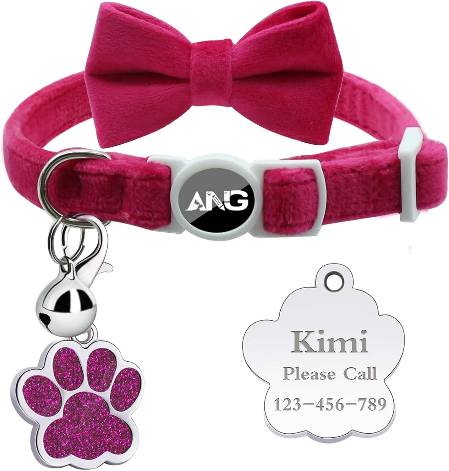 Personalized Breakaway Cat Collars with ID Tag Bell Bowtie,Safety Quick Release Customized Kitty Collars for Girls Boys Cats-Velvet Pattern-Rose