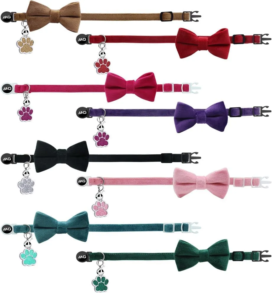 Personalized Breakaway Cat Collars with ID Tag Bell Bowtie,Safety Quick Release Customized Kitty Collars for Girls Boys Cats-Velvet Pattern-Rose