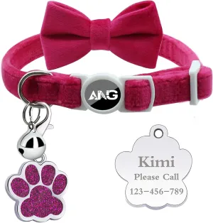 Personalized Breakaway Cat Collars with ID Tag Bell Bowtie,Safety Quick Release Customized Kitty Collars for Girls Boys Cats-Velvet Pattern-Rose